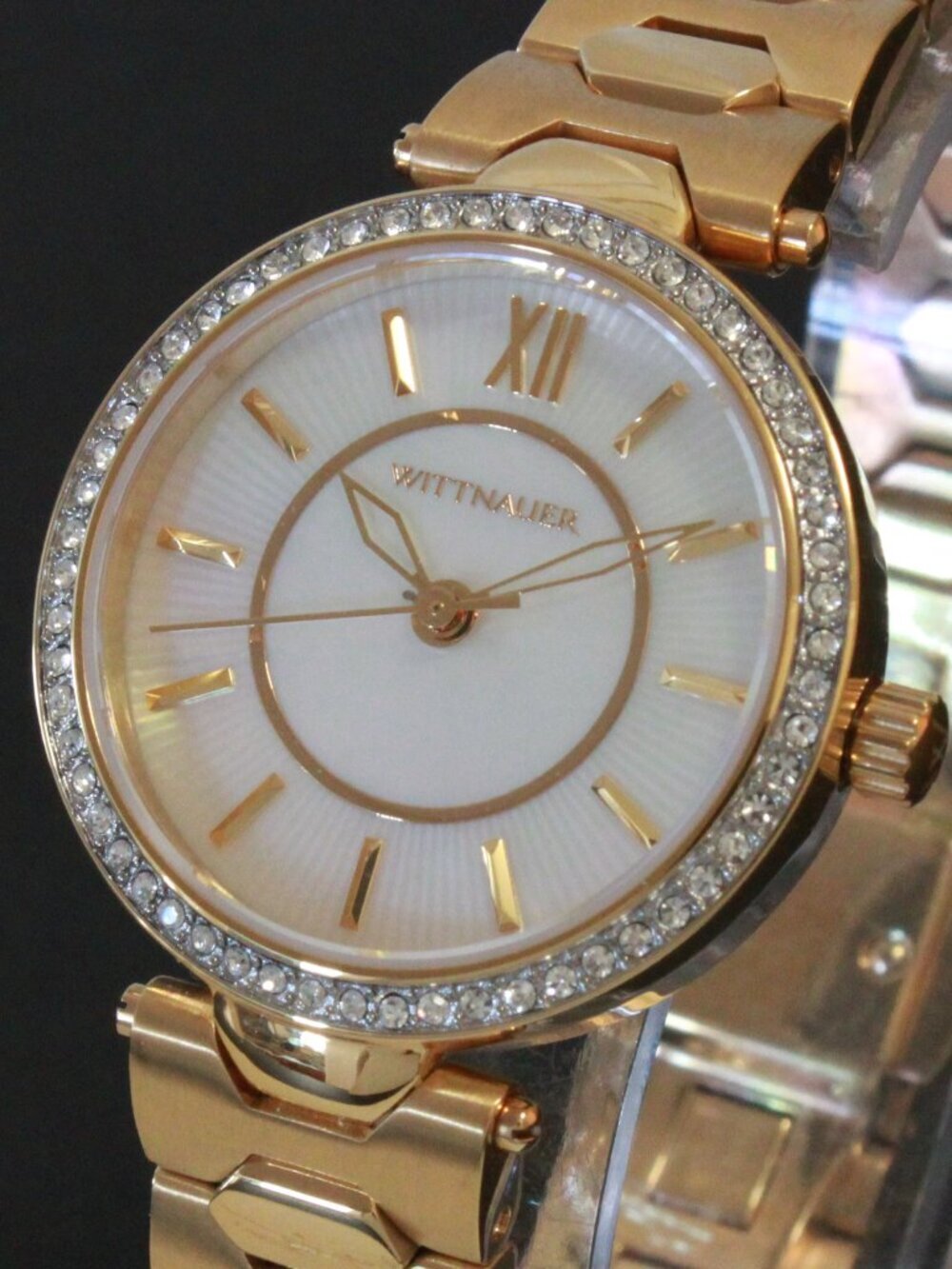 Wittnauer Ladies Dress Watch MOP Dial Crystal Embedded Bezel Gold Tone 30mm - Picture 10 of 12